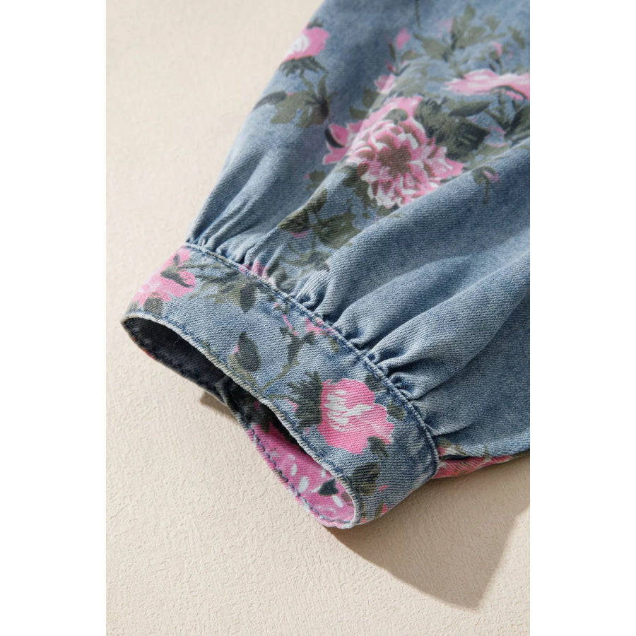 Floral Print Button Up Denim Shirt Apparel and Accessories