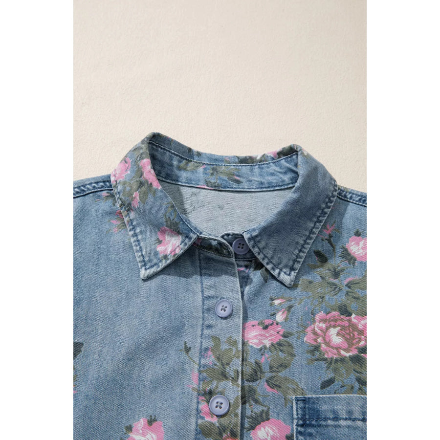 Floral Print Button Up Denim Shirt Apparel and Accessories