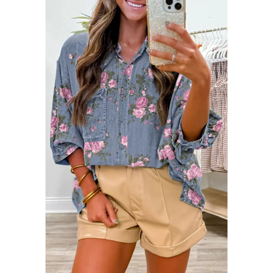 Floral Print Button Up Denim Shirt Dusty Blue / S Apparel and Accessories