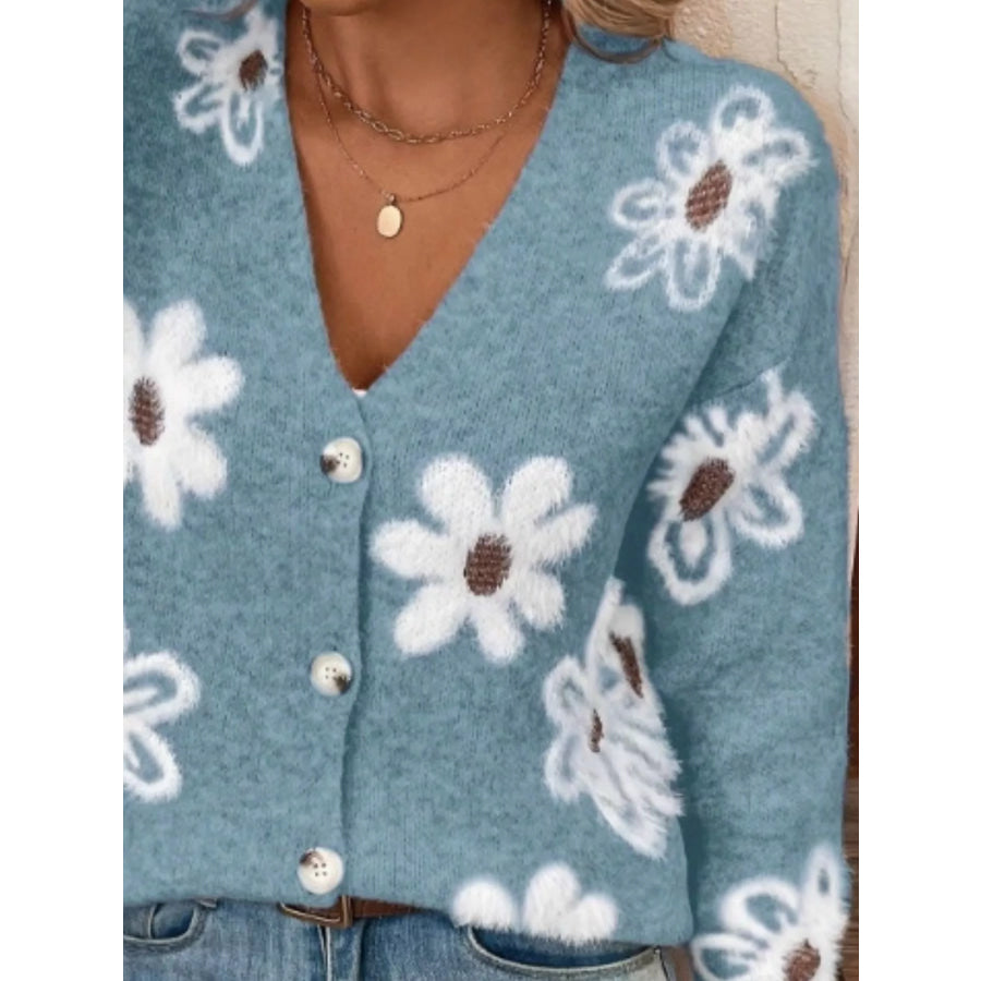 Floral Print Button-Up Knit Cardigan Apparel and Accessories
