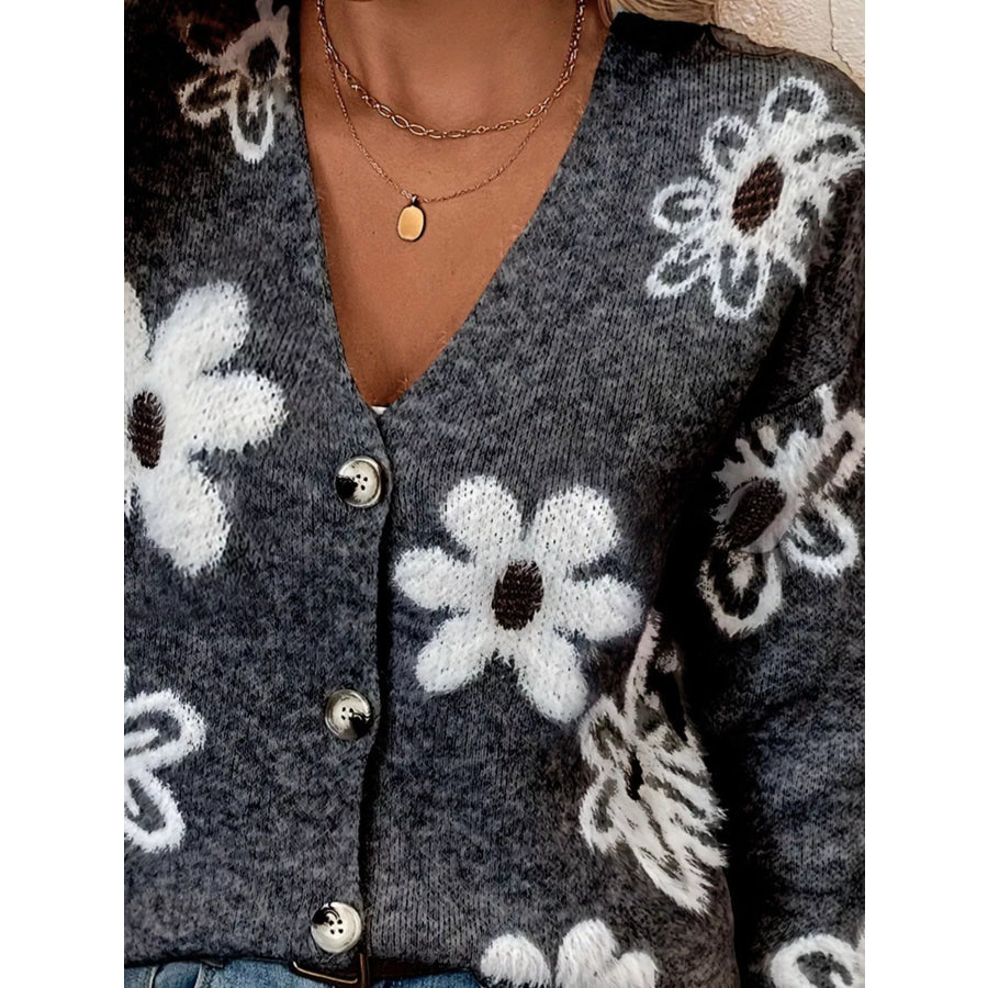 Floral Print Button-Up Knit Cardigan Apparel and Accessories