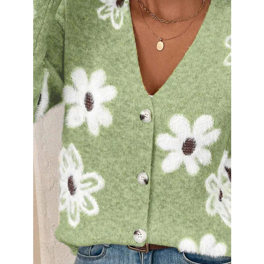 Floral Print Button-Up Knit Cardigan Apparel and Accessories