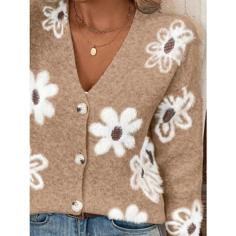 Floral Print Button-Up Knit Cardigan Apparel and Accessories