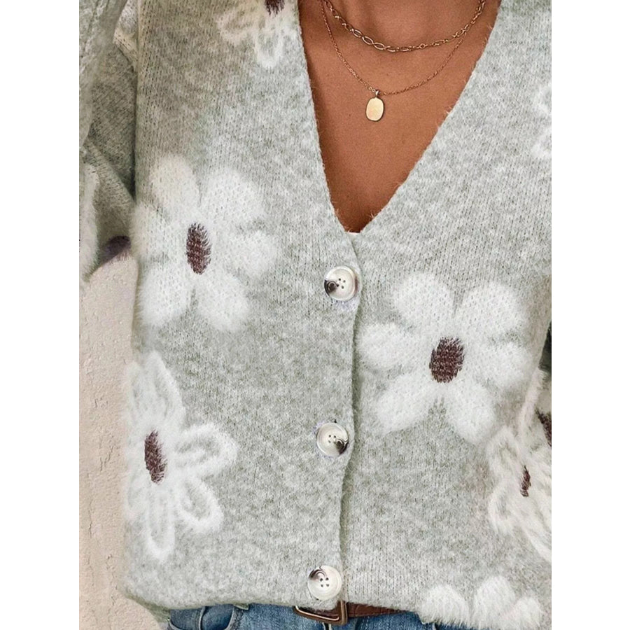 Floral Print Button-Up Knit Cardigan Apparel and Accessories