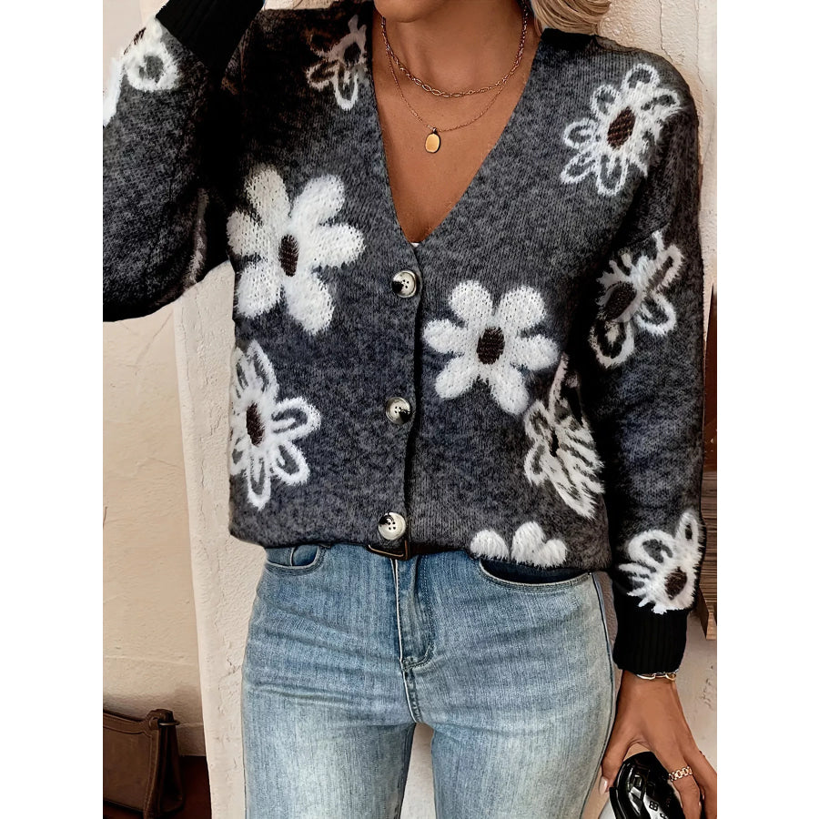Floral Print Button-Up Knit Cardigan Black / S Apparel and Accessories