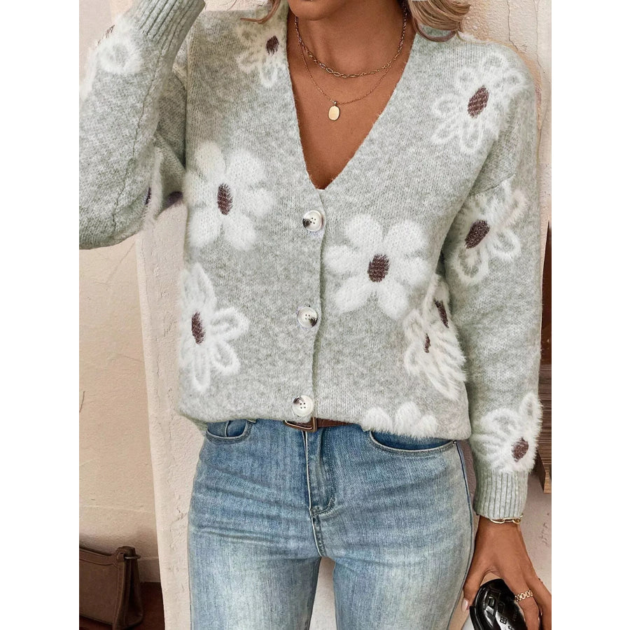 Floral Print Button-Up Knit Cardigan Light Gray / S Apparel and Accessories