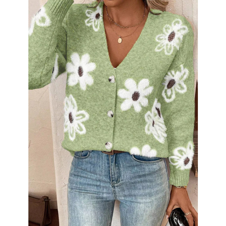 Floral Print Button-Up Knit Cardigan Light Green / S Apparel and Accessories