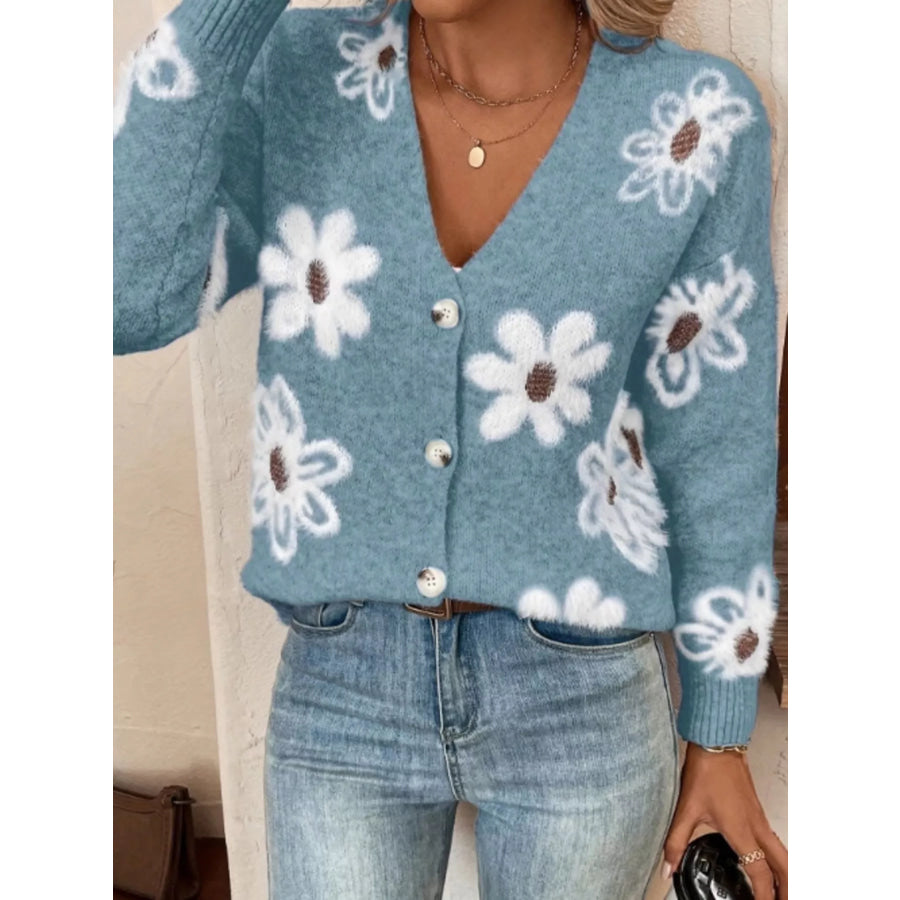 Floral Print Button-Up Knit Cardigan Peacock Blue / S Apparel and Accessories