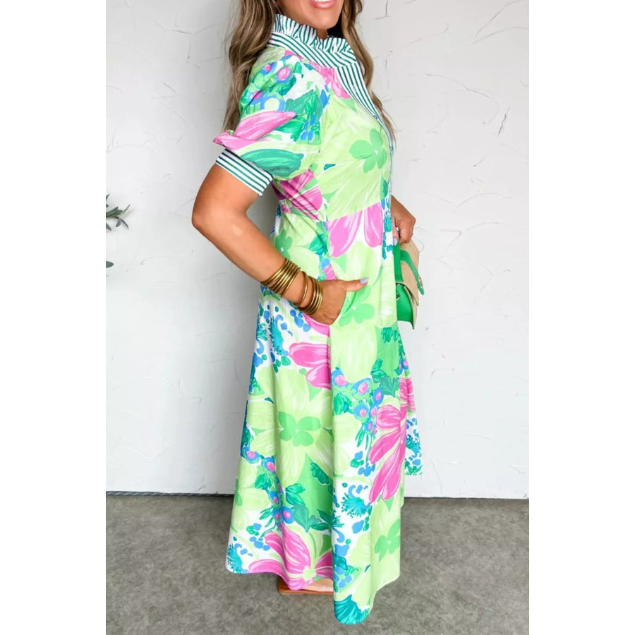 Floral Print Button-Up Midi Dress with Puff Sleeves Apparel and Accessories
