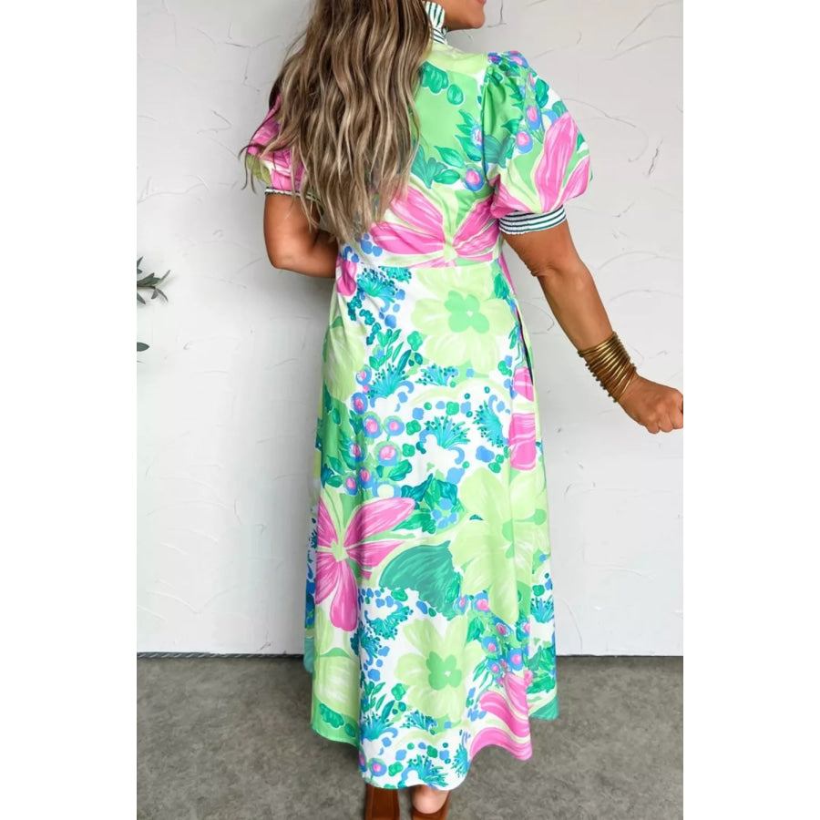 Floral Print Button-Up Midi Dress with Puff Sleeves Apparel and Accessories