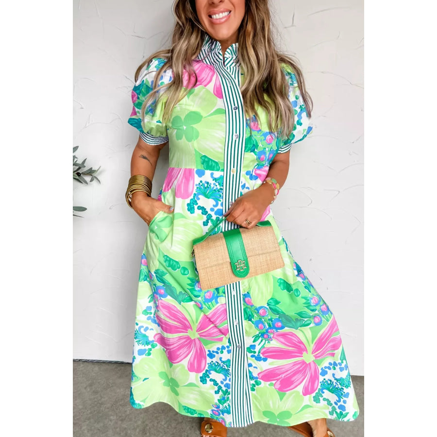 Floral Print Button-Up Midi Dress with Puff Sleeves Apparel and Accessories