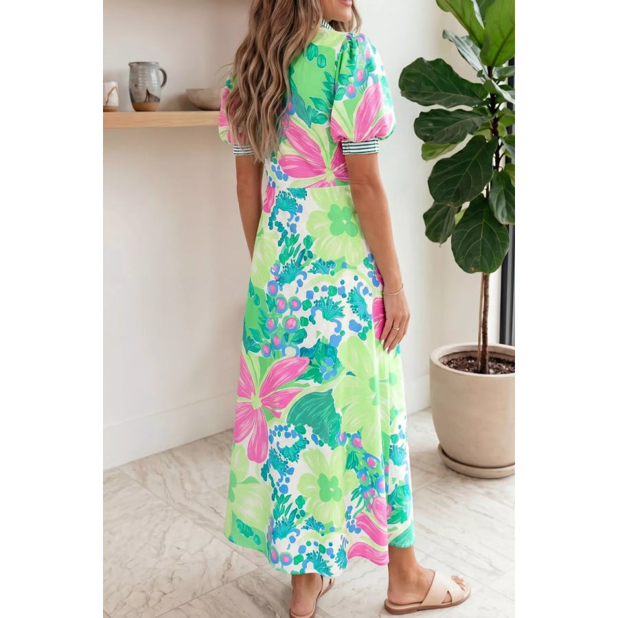 Floral Print Button-Up Midi Dress with Puff Sleeves Apparel and Accessories