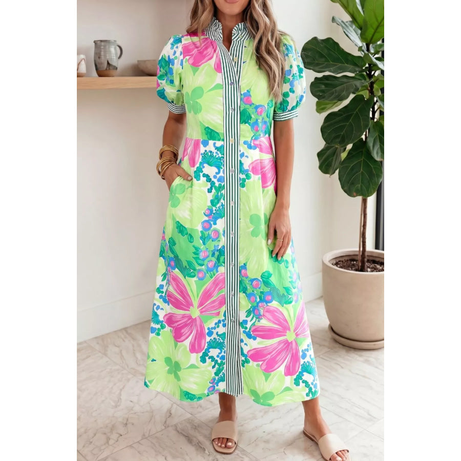 Floral Print Button-Up Midi Dress with Puff Sleeves Neon Green / S Apparel and Accessories