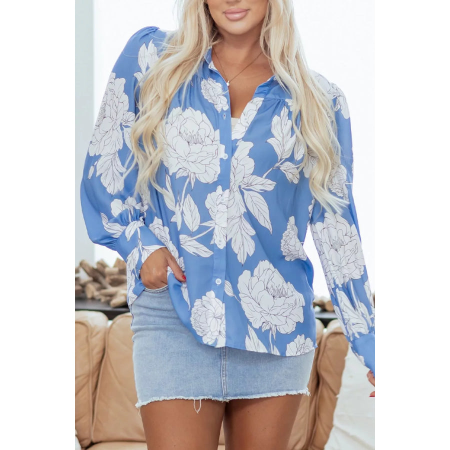 Floral Print Button-Up Shirt Blue / S Apparel and Accessories