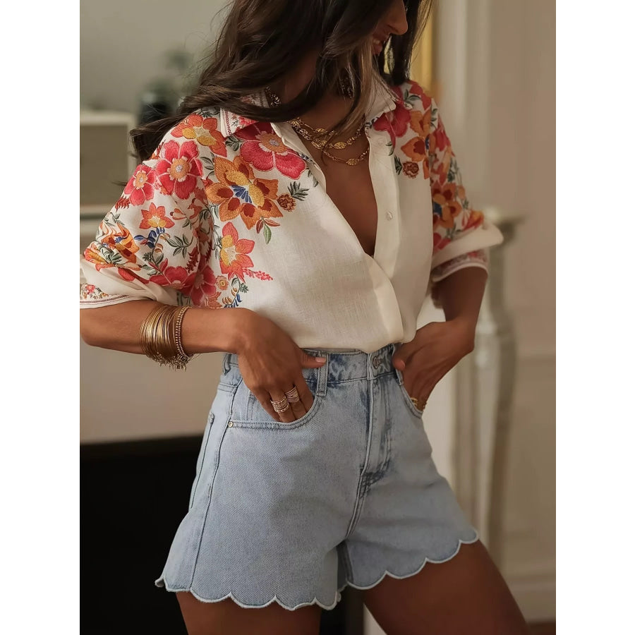 Floral Print Button Up Shirt Apricot / S Apparel and Accessories