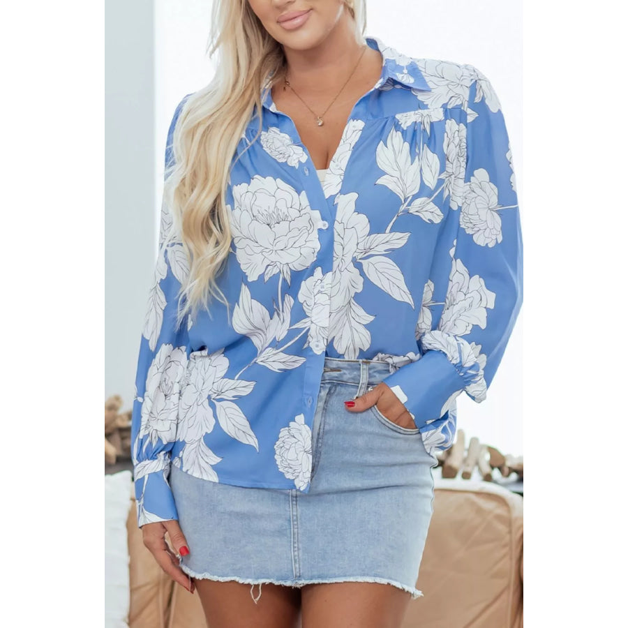 Floral Print Button-Up Shirt Blue / S Apparel and Accessories