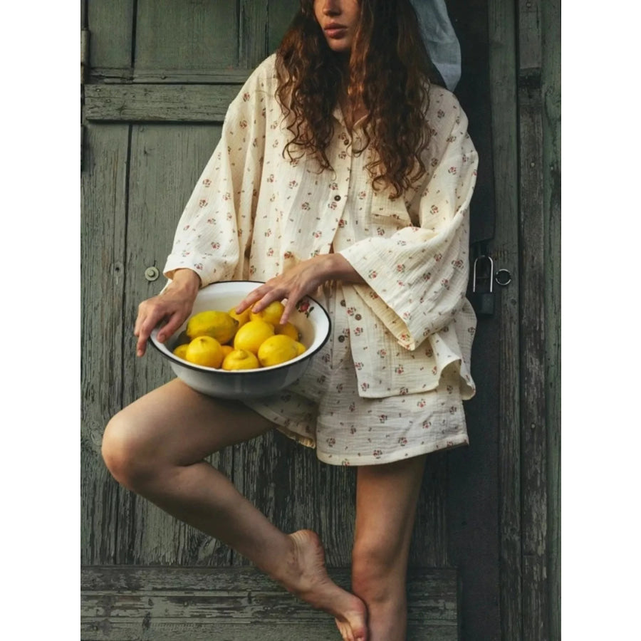 Floral Print Button Up Top and Shorts Set Apparel and Accessories