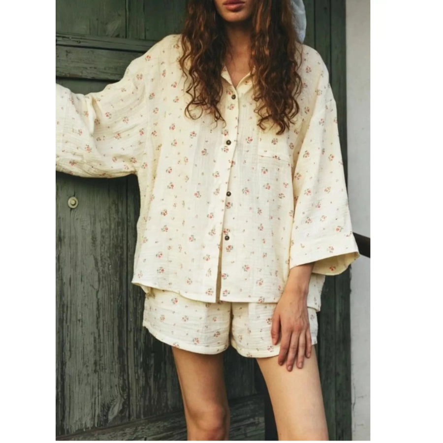 Floral Print Button Up Top and Shorts Set Apparel and Accessories