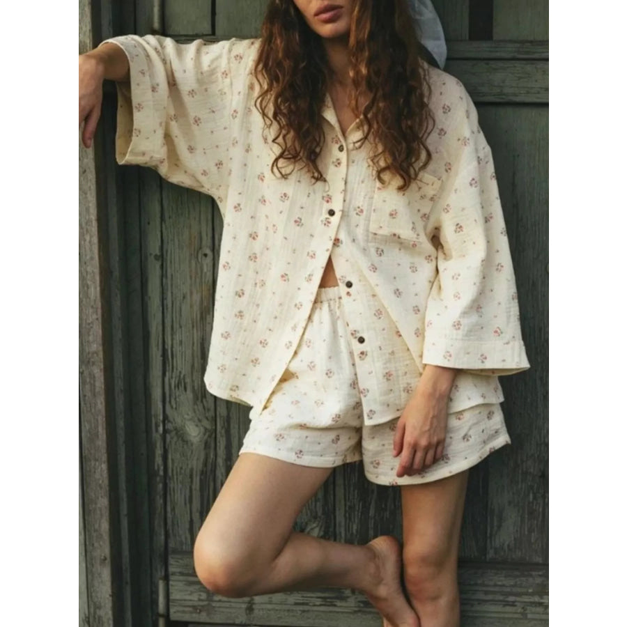 Floral Print Button Up Top and Shorts Set Cream / S Apparel and Accessories