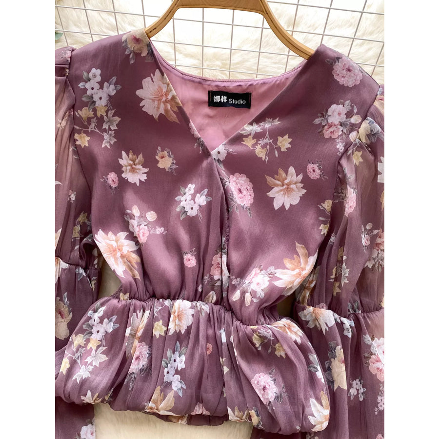 Floral Print Chiffon Balloon Sleeve Blouse Apparel and Accessories
