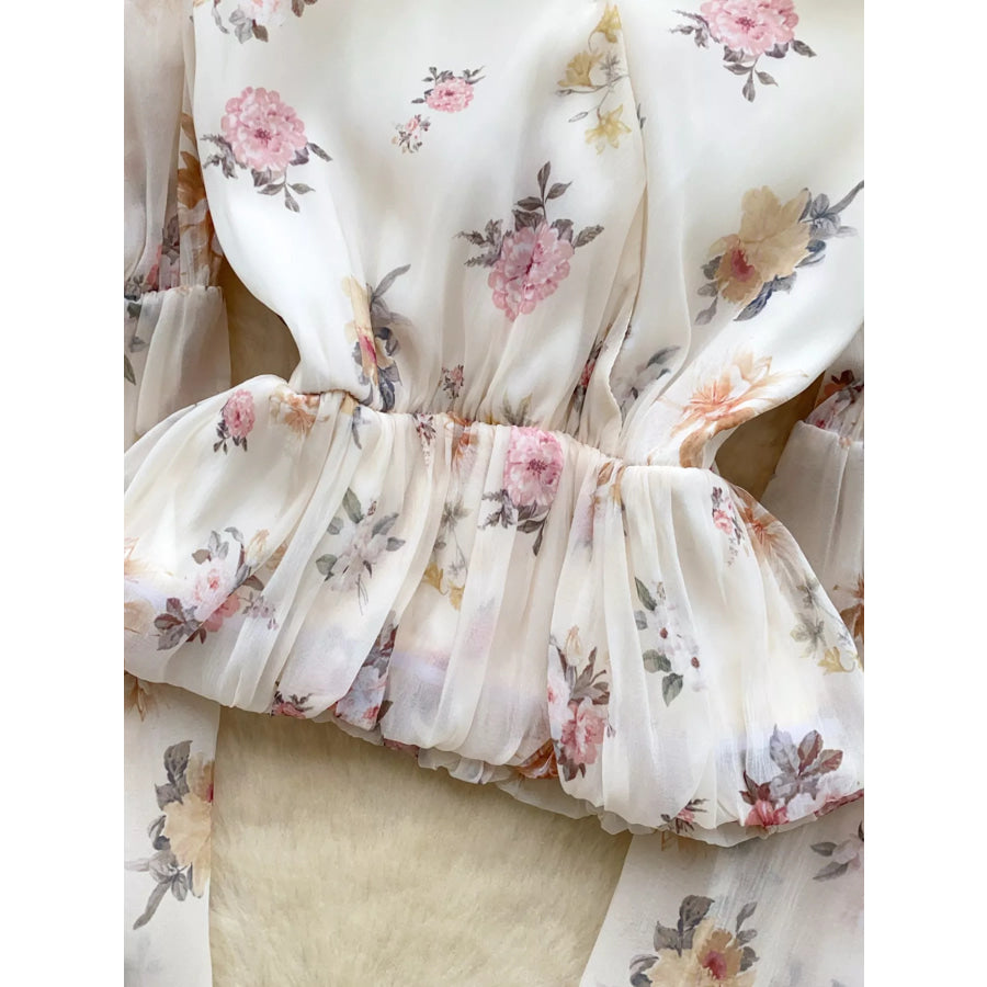 Floral Print Chiffon Balloon Sleeve Blouse Apparel and Accessories