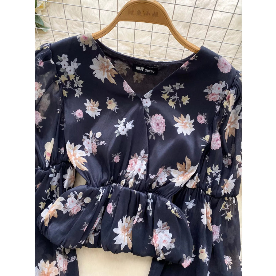 Floral Print Chiffon Balloon Sleeve Blouse Apparel and Accessories