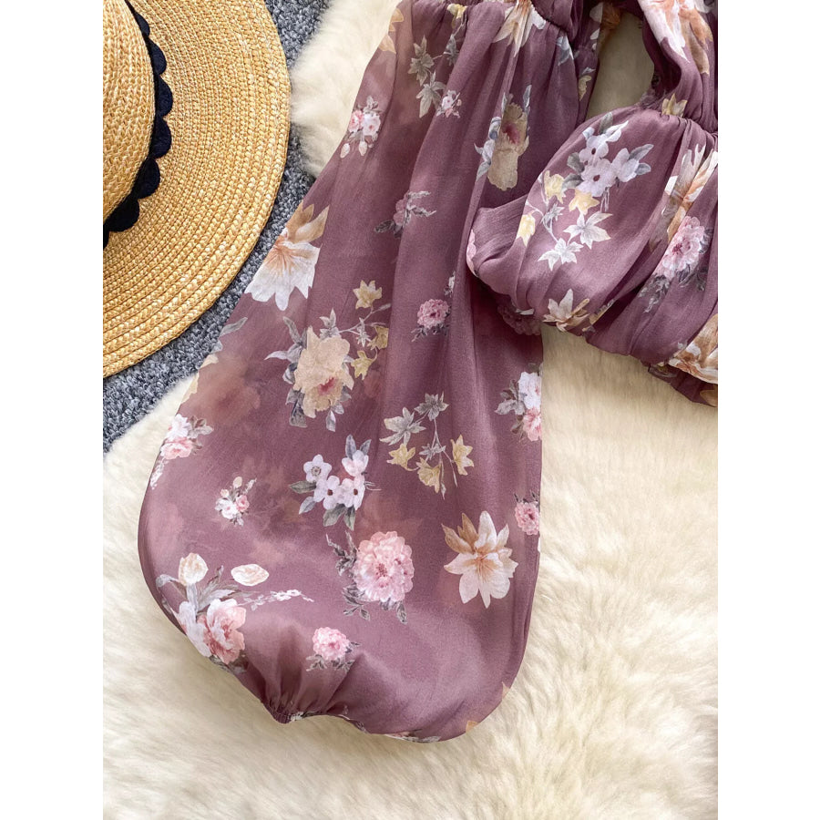 Floral Print Chiffon Balloon Sleeve Blouse Apparel and Accessories