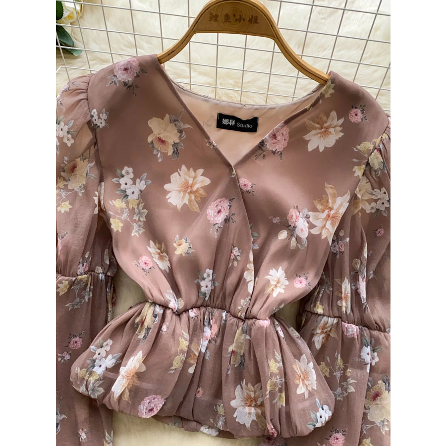 Floral Print Chiffon Balloon Sleeve Blouse Apparel and Accessories