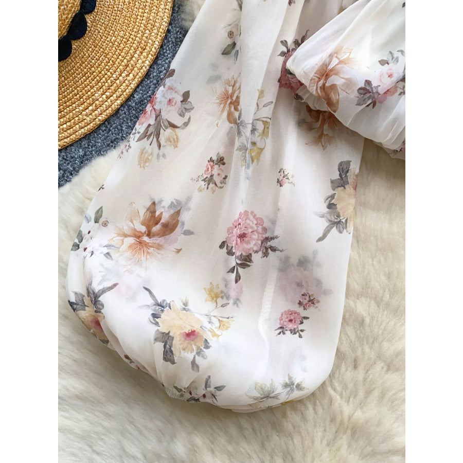Floral Print Chiffon Balloon Sleeve Blouse Apparel and Accessories