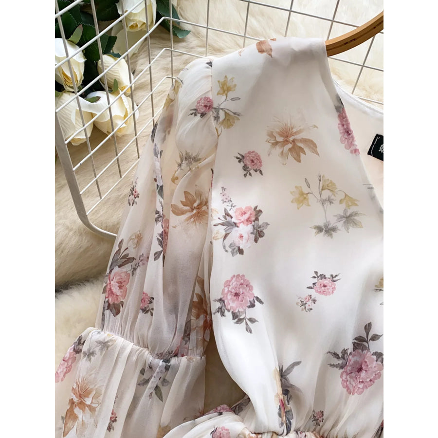 Floral Print Chiffon Balloon Sleeve Blouse Apparel and Accessories