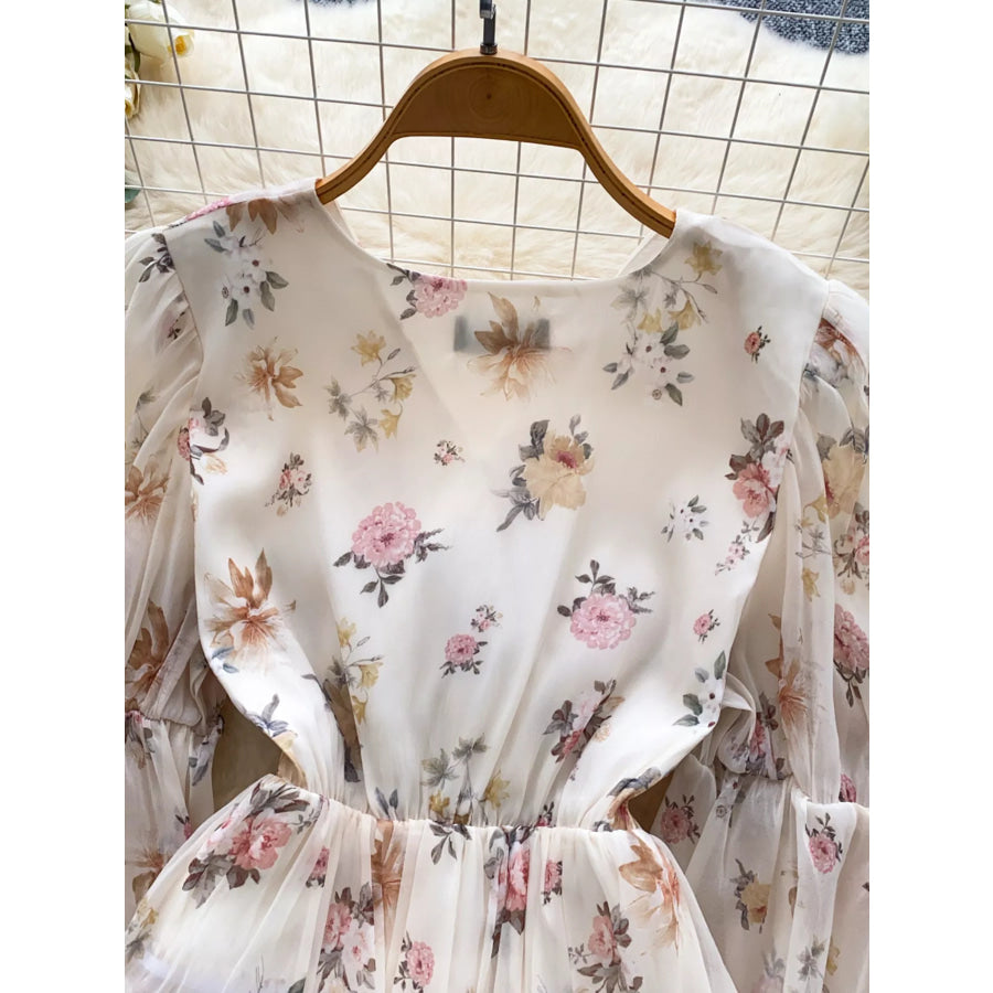 Floral Print Chiffon Balloon Sleeve Blouse Apparel and Accessories
