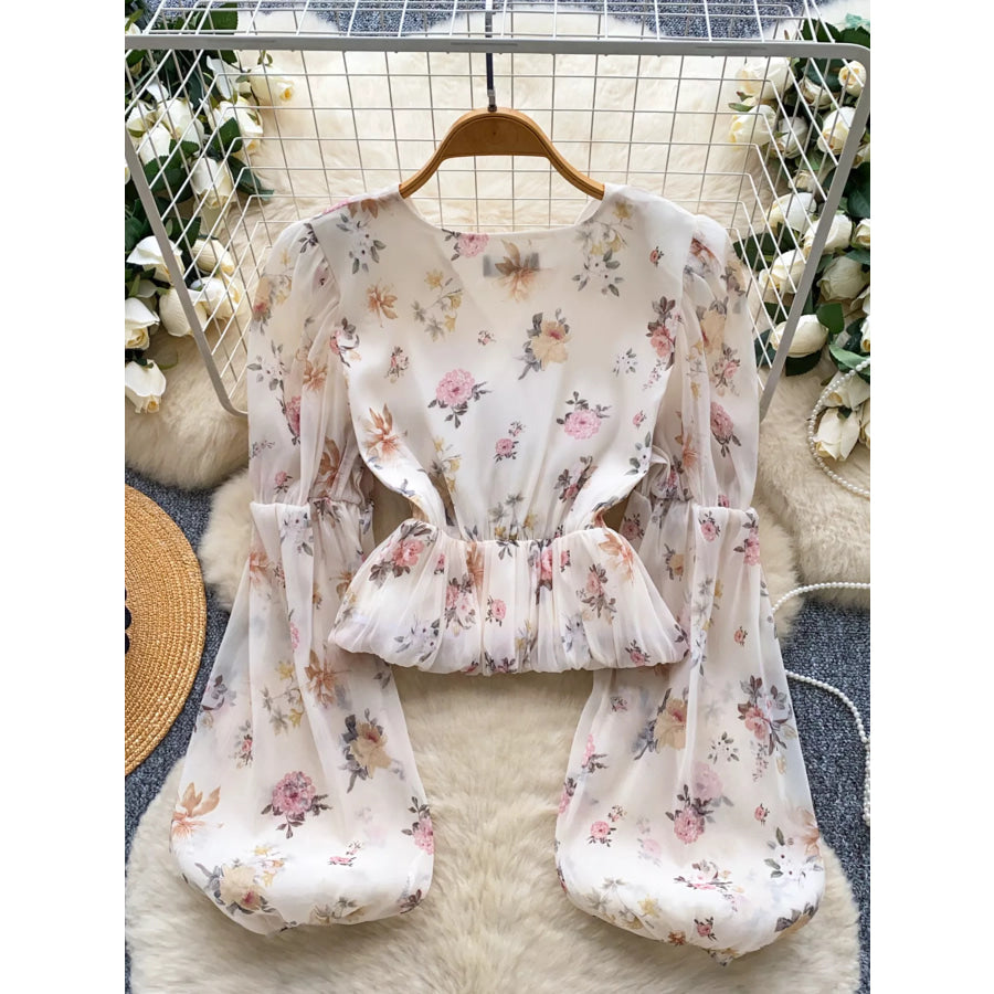 Floral Print Chiffon Balloon Sleeve Blouse Apparel and Accessories