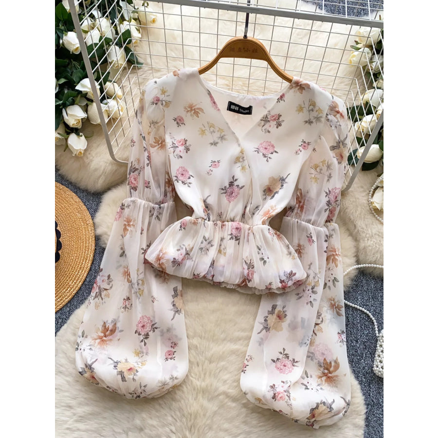 Floral Print Chiffon Balloon Sleeve Blouse Apricot / One Size Apparel and Accessories