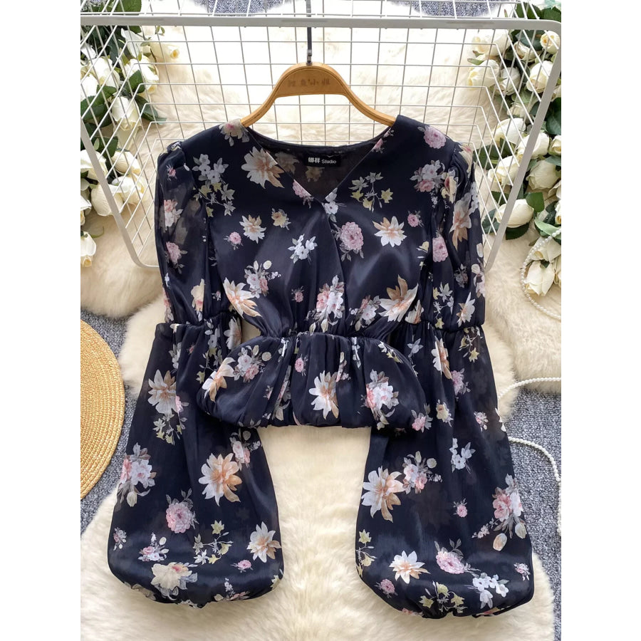 Floral Print Chiffon Balloon Sleeve Blouse Black / One Size Apparel and Accessories