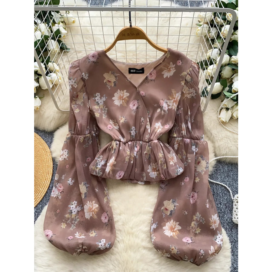 Floral Print Chiffon Balloon Sleeve Blouse Brown / One Size Apparel and Accessories
