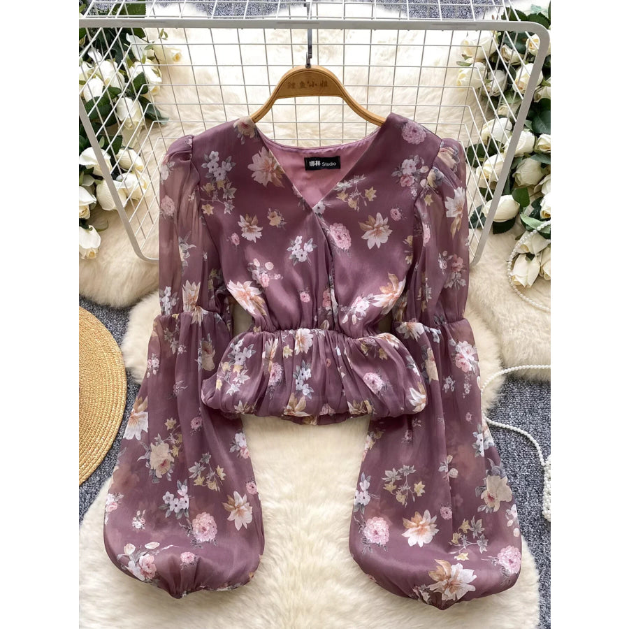 Floral Print Chiffon Balloon Sleeve Blouse Purple / One Size Apparel and Accessories