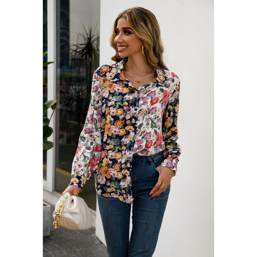 Floral Print Collared Neck Long Sleeve Shirt Floral / S