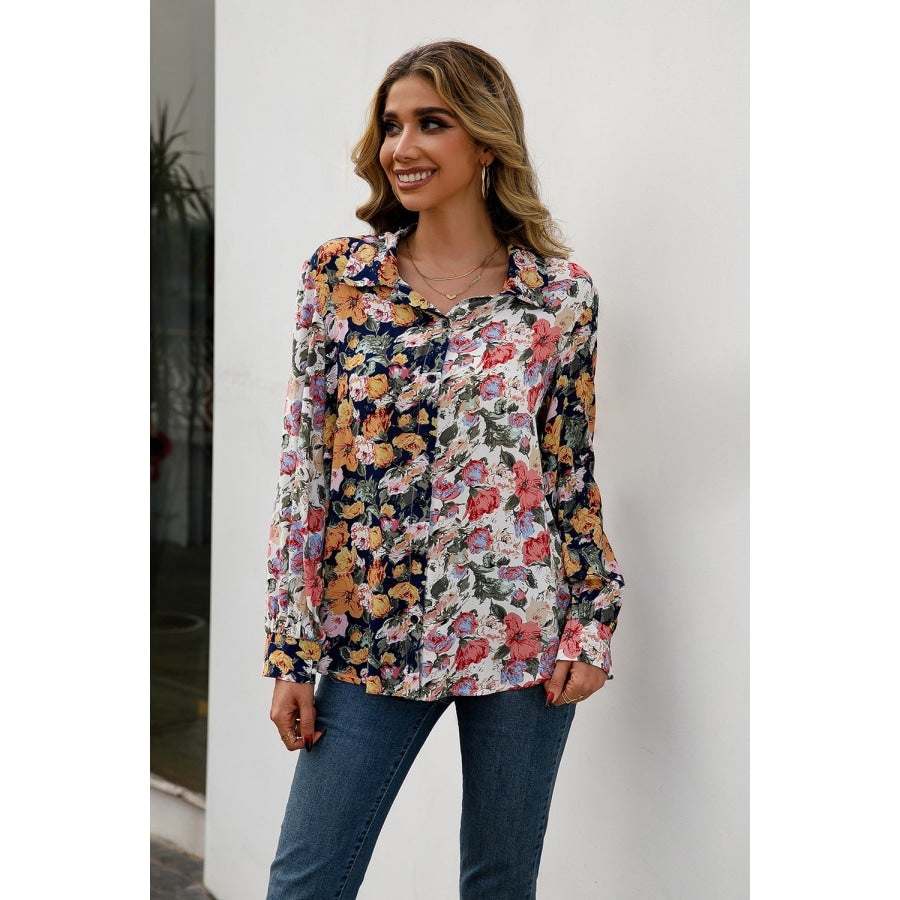 Floral Print Collared Neck Long Sleeve Shirt