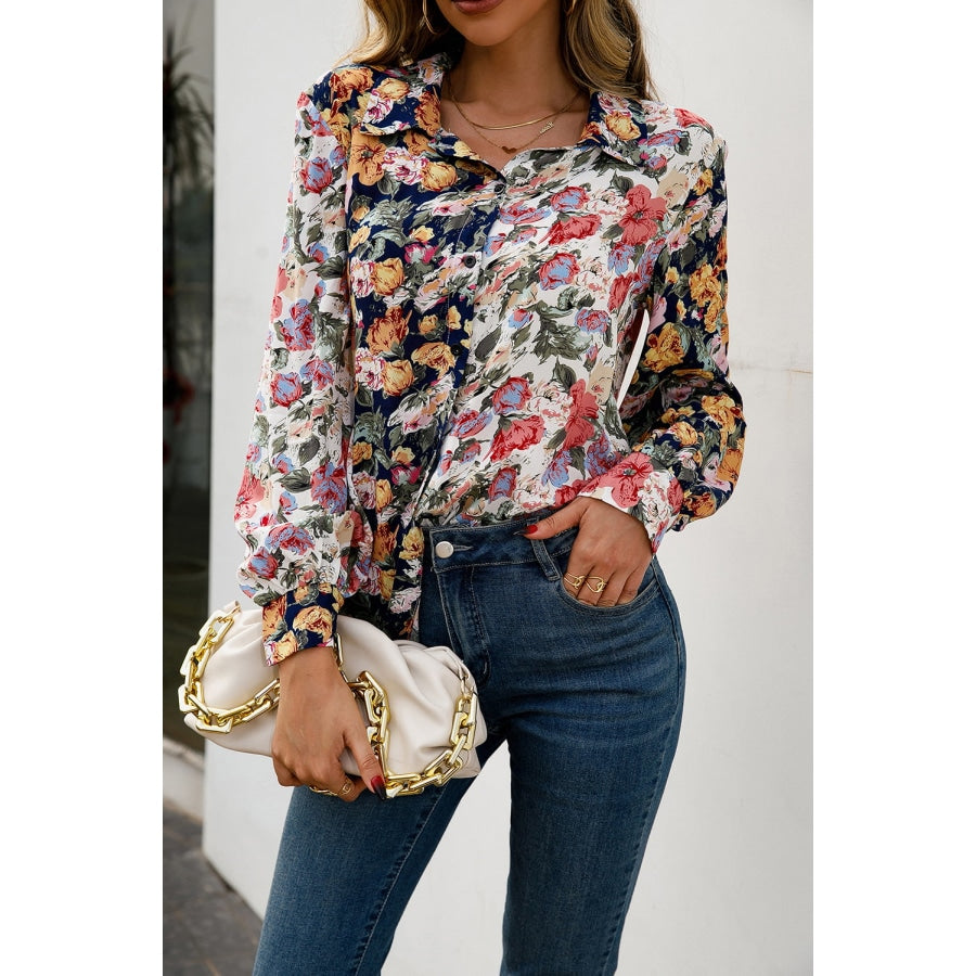 Floral Print Collared Neck Long Sleeve Shirt