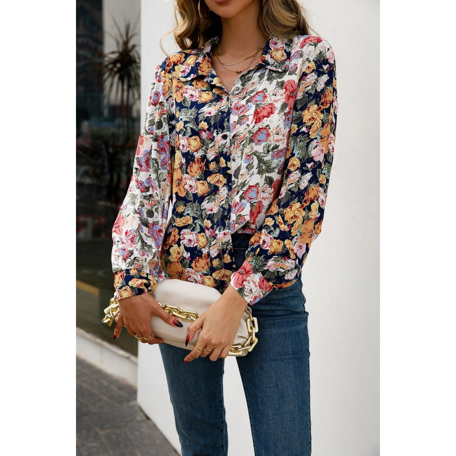 Floral Print Collared Neck Long Sleeve Shirt