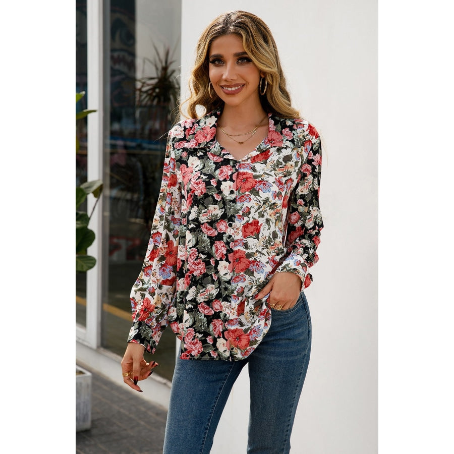 Floral Print Collared Neck Long Sleeve Shirt