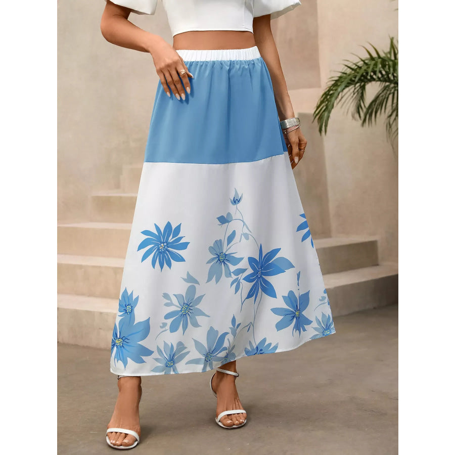 Floral Print Color Block Skirt Blue / S Apparel and Accessories
