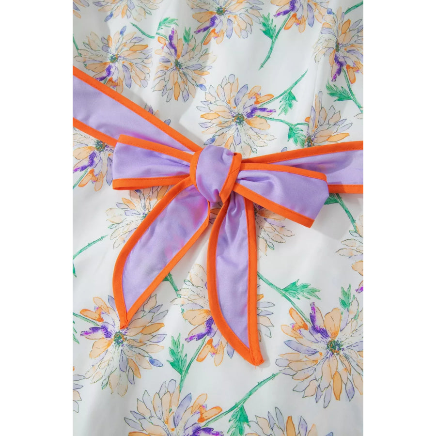 Floral Print Color Block Trim Belted Sleeveless Dress Apparel and Accessories