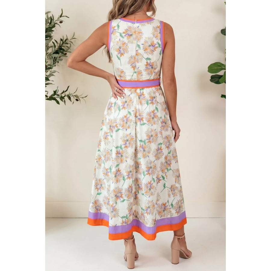 Floral Print Color Block Trim Belted Sleeveless Dress Apparel and Accessories