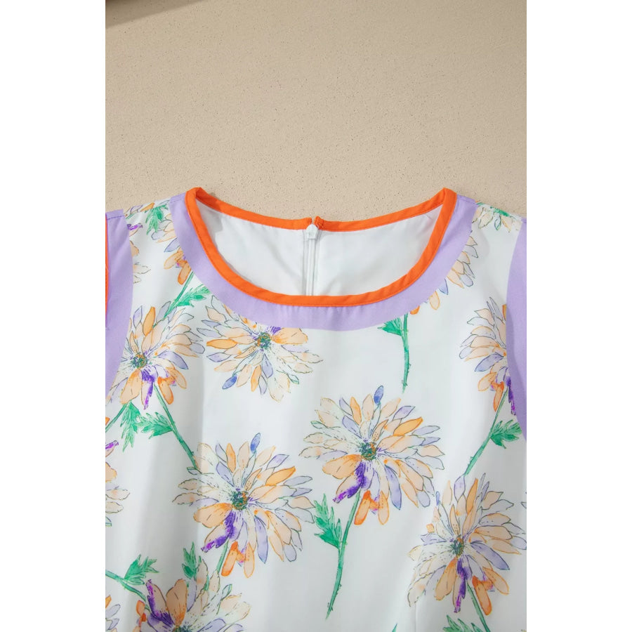 Floral Print Color Block Trim Belted Sleeveless Dress Apparel and Accessories