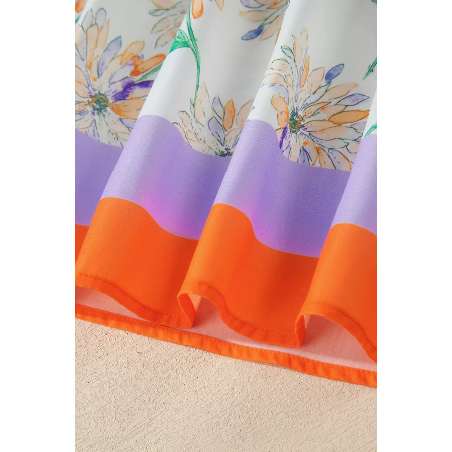 Floral Print Color Block Trim Belted Sleeveless Dress Apparel and Accessories
