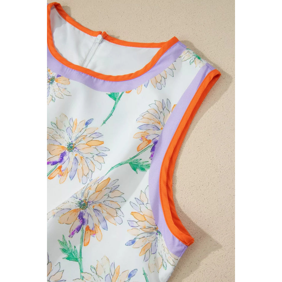Floral Print Color Block Trim Belted Sleeveless Dress Apparel and Accessories