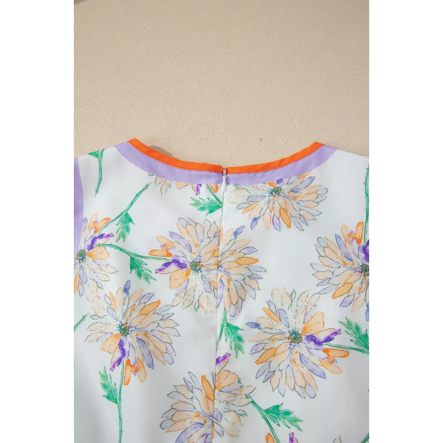 Floral Print Color Block Trim Belted Sleeveless Dress Apparel and Accessories