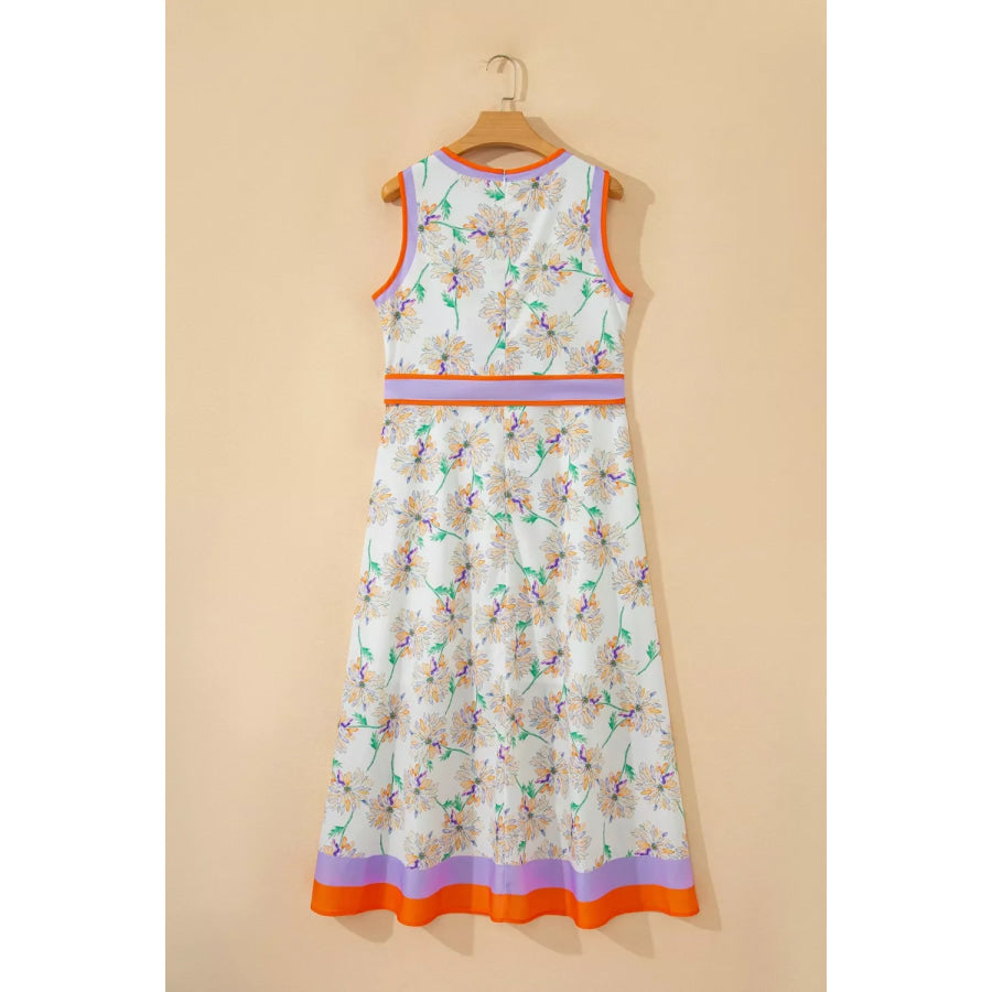 Floral Print Color Block Trim Belted Sleeveless Dress Apparel and Accessories