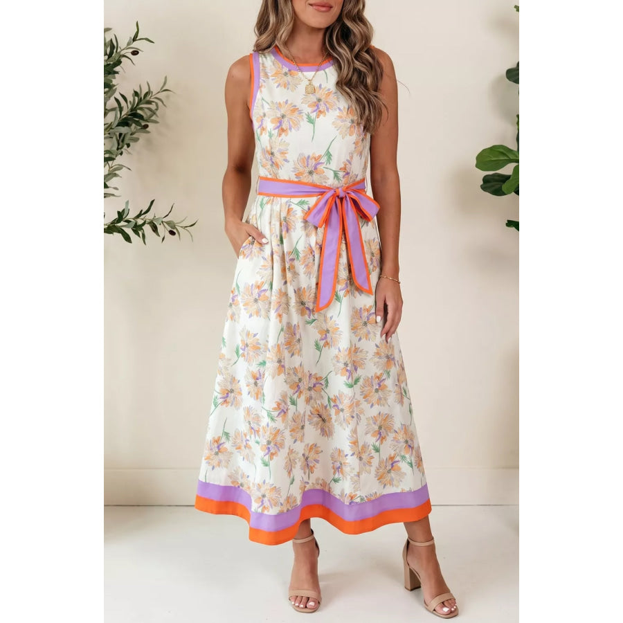 Floral Print Color Block Trim Belted Sleeveless Dress Floral / S Apparel and Accessories